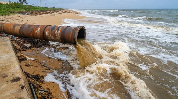 A pipe is leaking water onto the beach photo