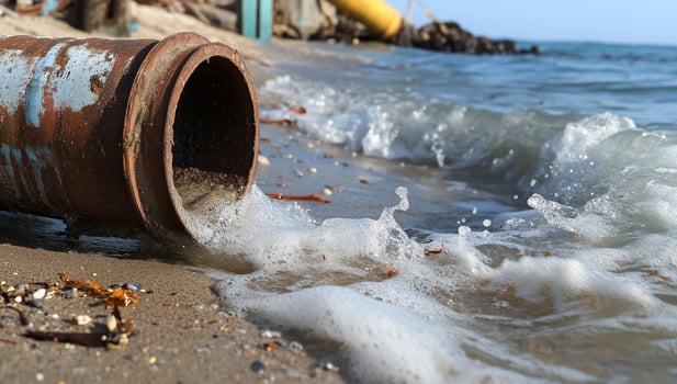 A pipe is sitting on the beach next to the ocean photo