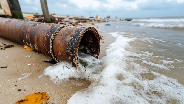 A pipe on the beach with water coming out of it photo