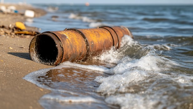 A pipe laying on the beach near the ocean photo