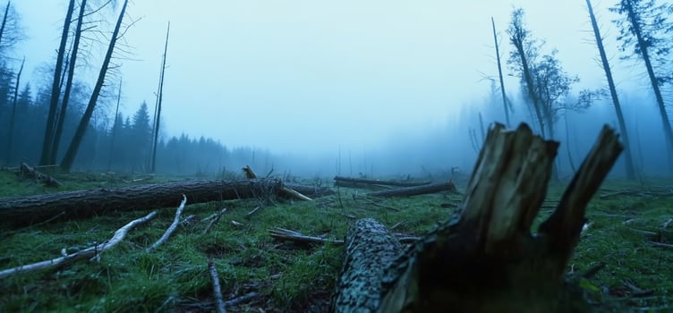 A forest with fallen trees and fog photo