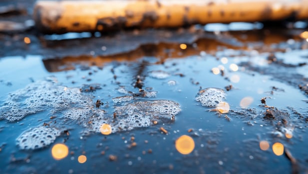 A close-up of water with bubbles and reflections on a muddy surface. photo