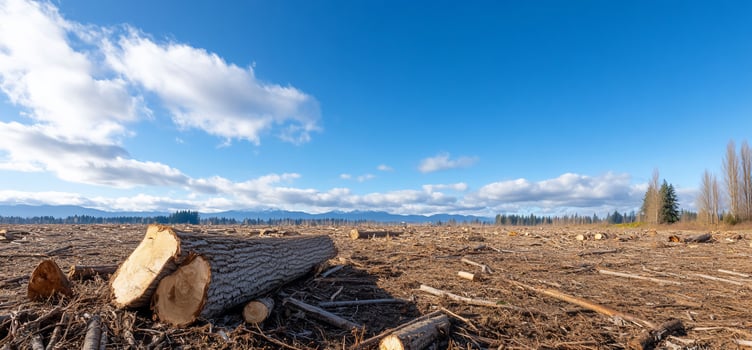 A deforested landscape under a clear blue sky with distant mountains. photo