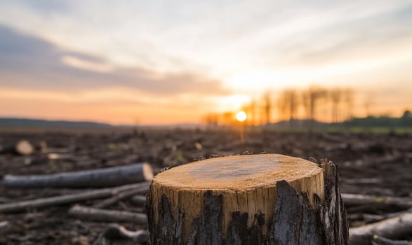 A tree stump in the middle of a field with the sun setting behind it photo