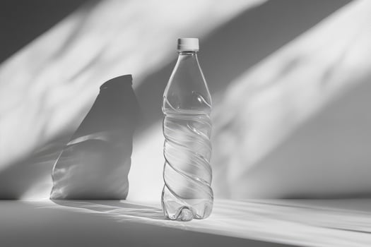 A Single Plastic Water Bottle With A White Cap On A White Surface With Shadows photo