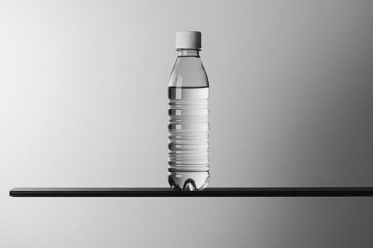 A single plastic water bottle with a white cap resting on a black shelf against a white background. photo