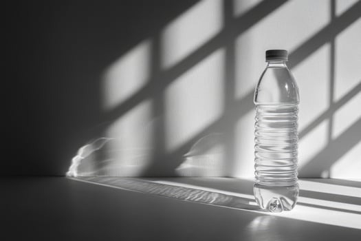 Water Bottle in Sunbeams on White Surface photo
