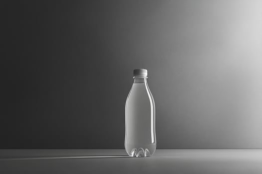 A single clear plastic water bottle with a white cap on a gray background. photo