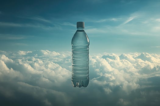 A Single Plastic Water Bottle Suspended Above a Sea of Clouds photo