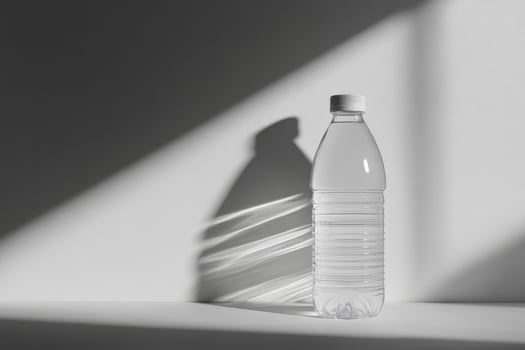 Transparent Water Bottle with White Lid and Sun Rays Casting Long Shadows photo