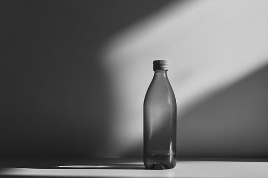 A Single Water Bottle Against a White Wall with Shadows photo