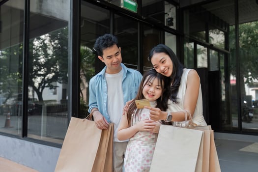 Family shopping adventure in the city joyful moments outdoor storefront togetherness urban experience photo