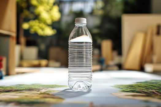 A Clear Plastic Water Bottle with a White Cap Standing on a Table photo