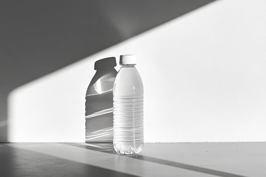 Plastic Water Bottle with Shadow on White Wall and Floor photo
