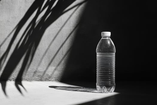 Plastic Water Bottle with Shadow of Plant Leaves on Gray Surface photo