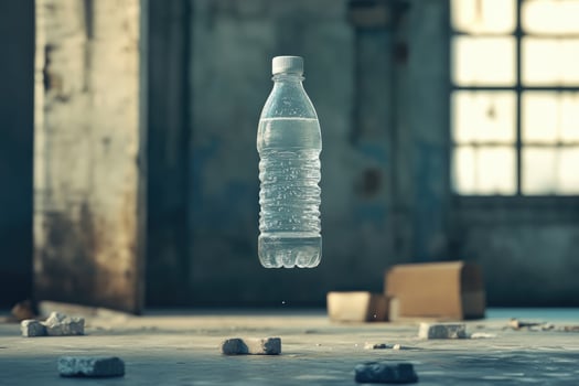 A Water Bottle Suspended in a Crumbling Abandoned Building photo