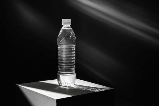 A Single Plastic Water Bottle on a White Platform Against a Black Background photo