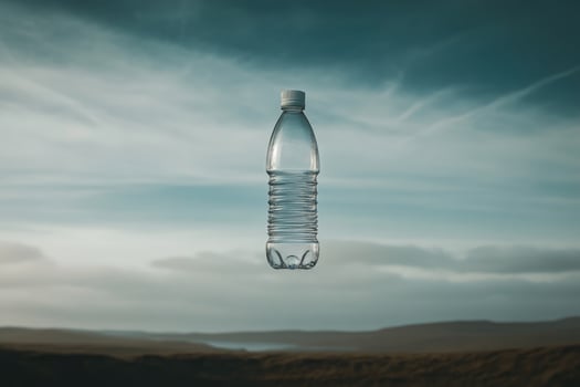 A Plastic Water Bottle Suspended in the Air Against a Cloudy Sky and Distant Landscape photo