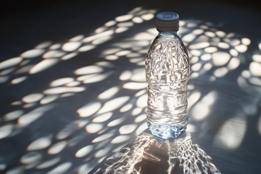A Plastic Bottle of Water with Sunbeams Creating Light Patterns photo