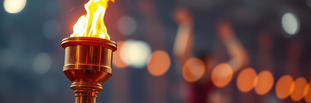 Flame burning in torch with blurred audience in the background at ceremonial event at night photo