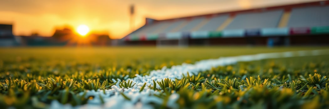 Soccer field at sunset with vibrant sky and goalposts in background photo