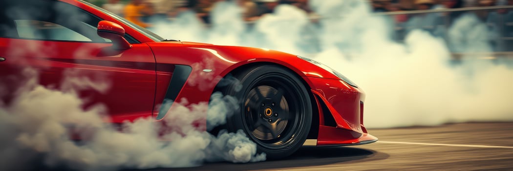 Red sports car performs tire smoke show at racing event on a sunlit track photo