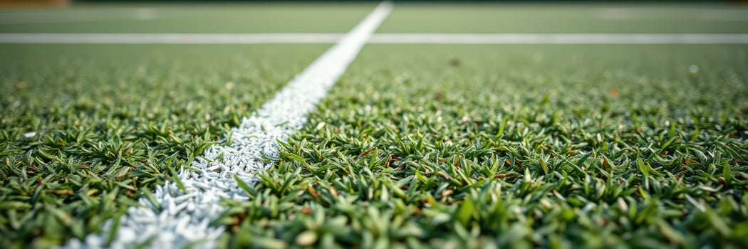 Green synthetic turf field showcasing white marking line for sports activities in a sunny day setting photo