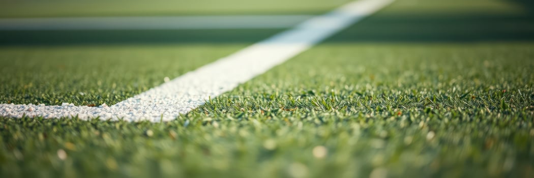 Close-up view of a green artificial turf field showing white marking lines during a sunny day photo