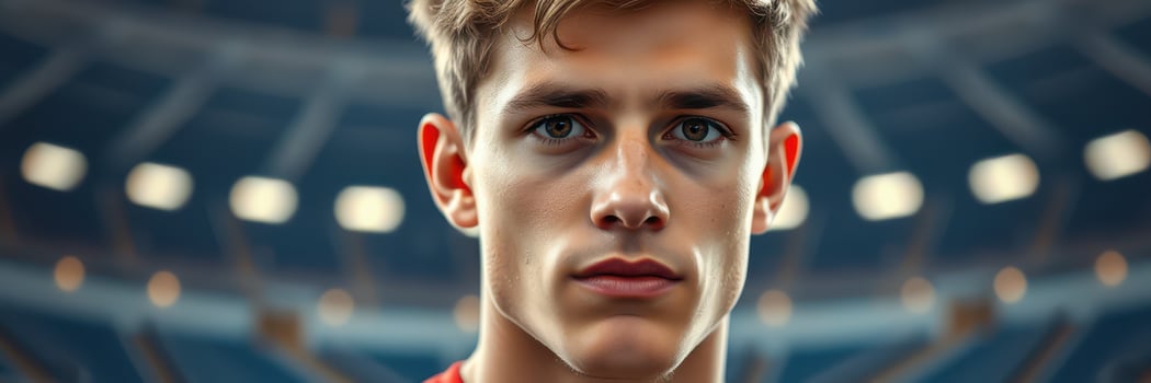 Young athlete with a focused expression prepares for competition in indoor stadium photo
