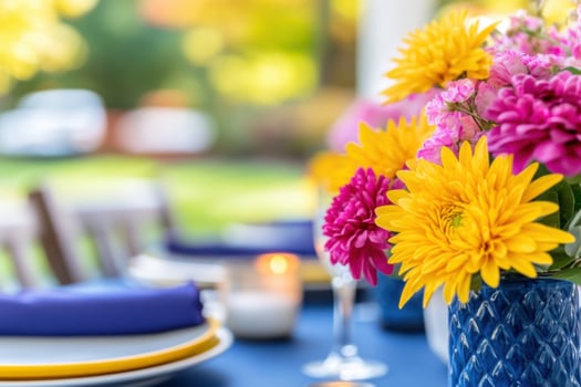 Elegant dinner table setup featuring navy tablecloths, vibrant yellow candles, and pastel blue napkins, adorned with exquisite burgundy flowers photo