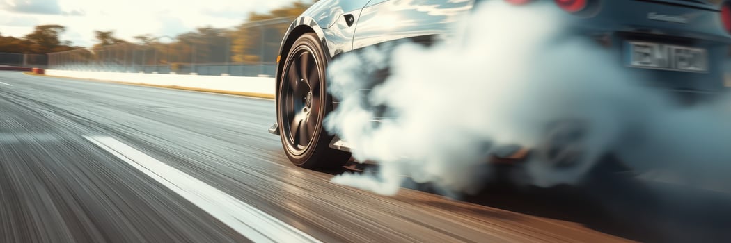 High-speed car drifting on a racetrack with smoke billowing from tires during sunset photo