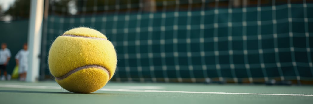 Yellow tennis ball rolls toward the net during a match on a sunny day at the local sports facility photo