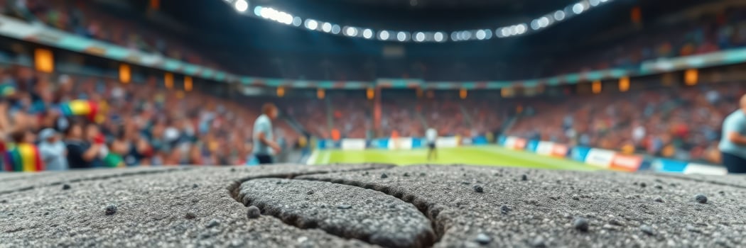 Focus on the textured surface in the foreground while a lively sports event unfolds in the background of a packed arena photo