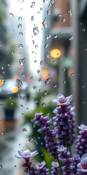 Vibrant purple flowers in foreground with raindrops on window and blurred cityscape in background photo