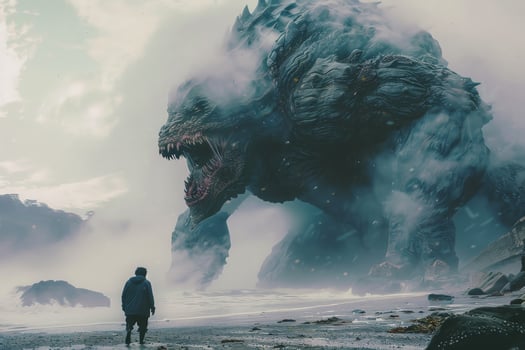 A man standing on the beach looking at a monster photo