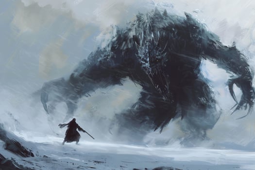 A man walking through the snow with a giant monster photo