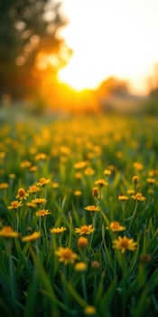 Bright yellow flowers bloom in a field at sunset, creating a serene atmosphere in nature's beauty photo