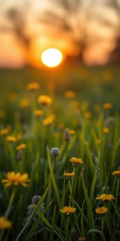 Vibrant yellow flowers bloom in a meadow as the sun sets on a warm evening photo