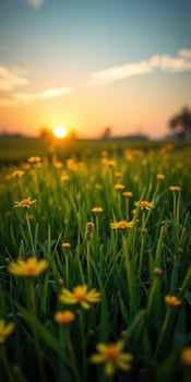 Golden wildflowers bloom under a vibrant sunset in a lush green field in springtime photo