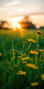 Bright yellow flowers blooming in a field at sunset with soft sunlight illuminating the landscape photo