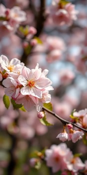 Blossoming cherry tree branches display delicate pink flowers amidst a soft background in spring photo