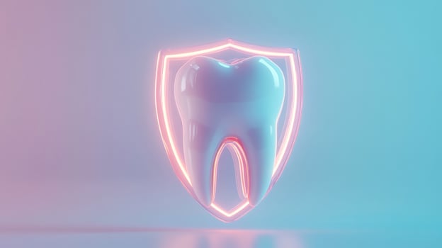 A digital illustration features a stylized tooth icon enclosed within a protective shield. The vibrant colors create an eye-catching visual, emphasizing dental health and protection. photo