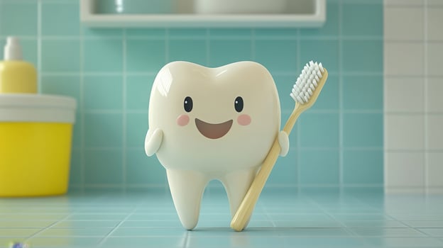 A friendly cartoon tooth with a big smile holds a toothbrush in a bright dental clinic. The background features soft colors and dental care supplies, emphasizing cheerful oral hygiene. photo