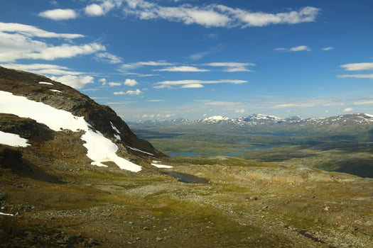 Lakes and snowy mountain in Swedish Lapland photo