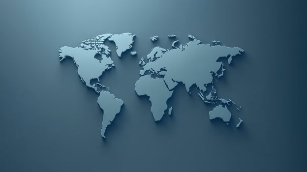 A minimalist world map shows continents outlined in a soft blue against a darker background, emphasizing geography photo