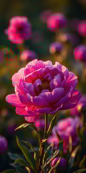 Vibrant pink peony blooms in a garden during sunset with a soft colorful background photo