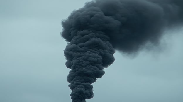 A thick column of dark smoke rises dramatically against the gray sky from a fire at an industrial site photo