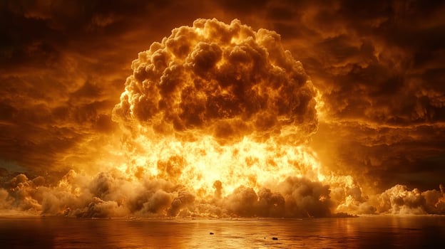 A massive explosion lights up the water and dark clouds, creating a dramatic scene photo