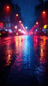 Rain pours on city streets, creating colorful reflections from bright streetlights and storefronts photo