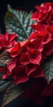 Vibrant red flowers bloom amidst rich green leaves in a serene setting during early morning light photo